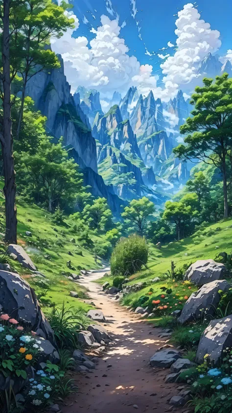 a painting of a path through a lush green forest with mountains in the background, anime nature, anime landscape, beautiful anim...