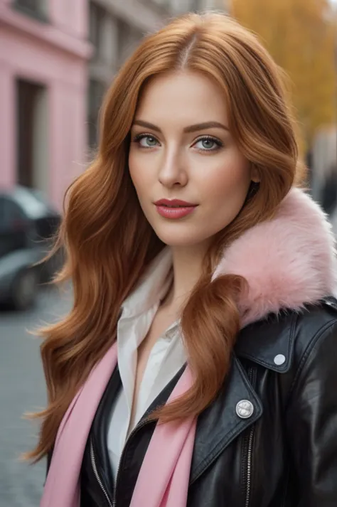 A close-up portrait of a gorgeous, beautiful, stunning russian woman wearing a classy outfit: a black leather jacket with pink f...