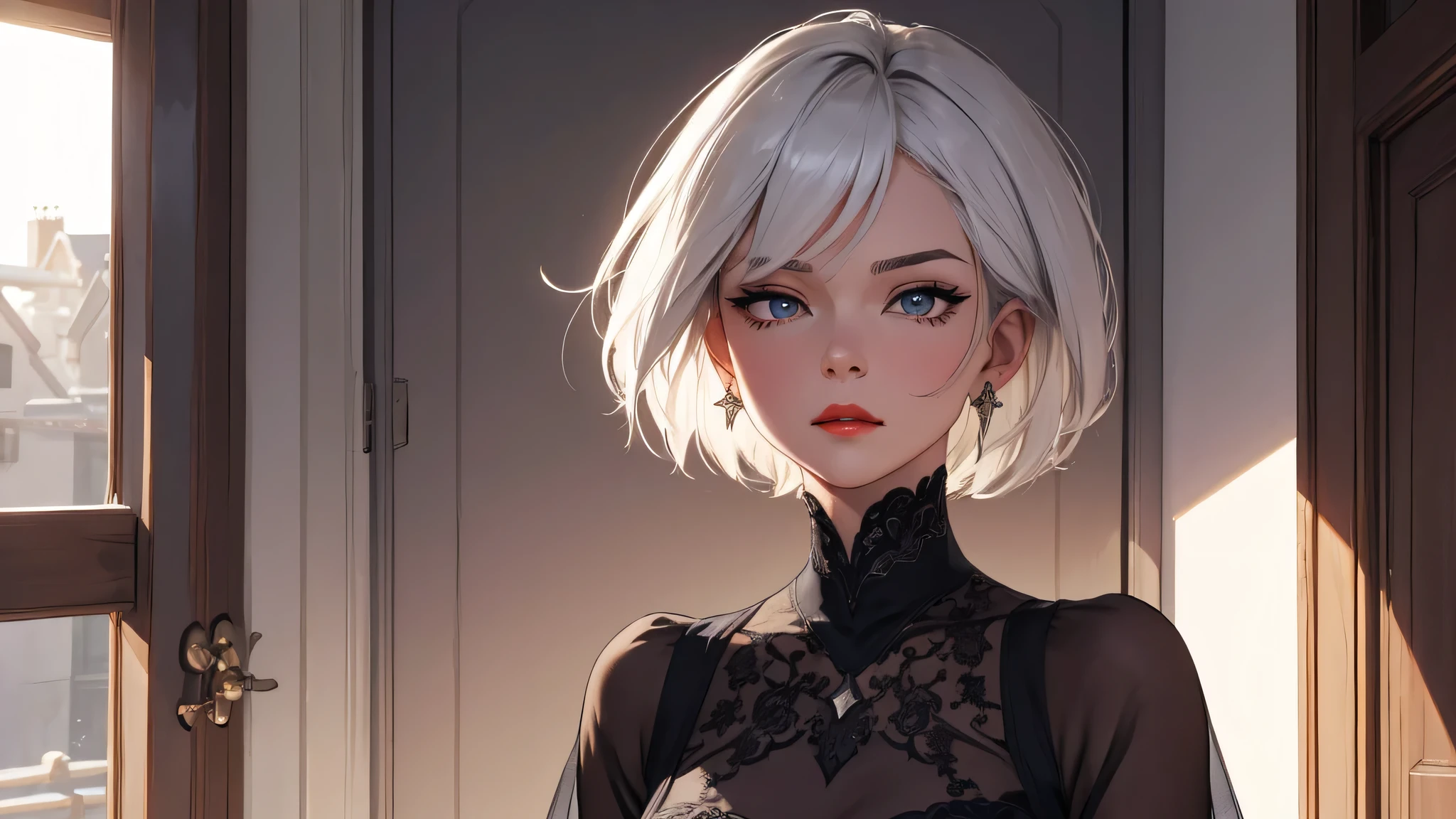 extremely detailed CG unity 8k wallpaper), (masterpiece), (best quality), (ultra-detailed), (best illustration), (best shadow), (absurdres) ,(detailed eyes), 2b, 1girl, short hair, white hair, solo, Intimidating women, casual clothes, elegant dress , hero pose, earings, elegant, Red lips, Sunlight, exposed to sunlight, mole near eyes, looking at viewer