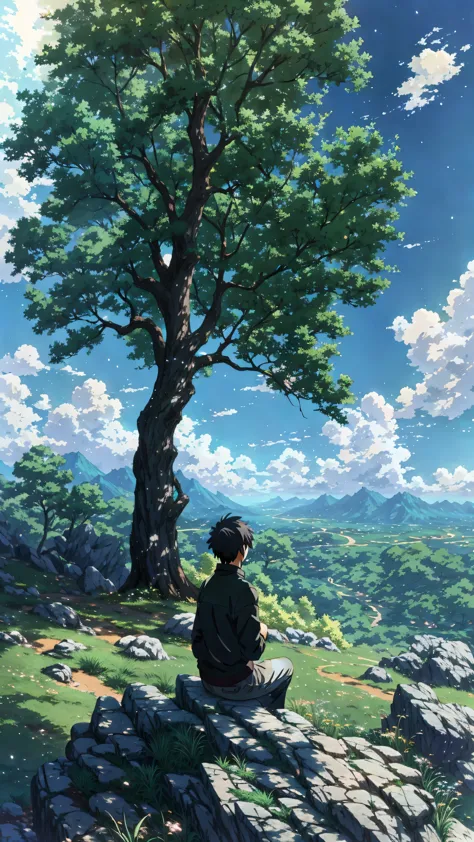 anime - style scene of a man sitting on a rock in front of a tree, anime beautiful peace scene, anime nature, makoto shinkai. —h...