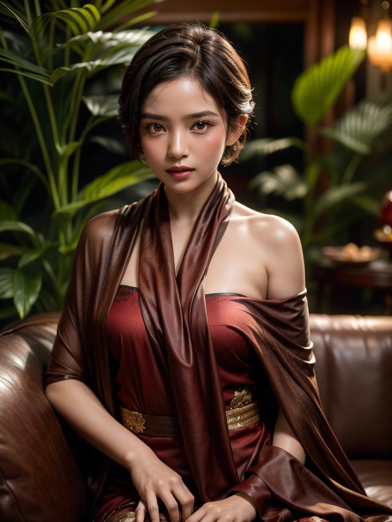 a cinematic silhouette of an Indonesian girl with short hair lying on the sofa and facing the camera wearing authentic, sexy traditional clothing, the top is slightly open and there is a brown and dark red shawl, the place is in a cafe and behind it there are aesthetic plants. the photo is very detailed