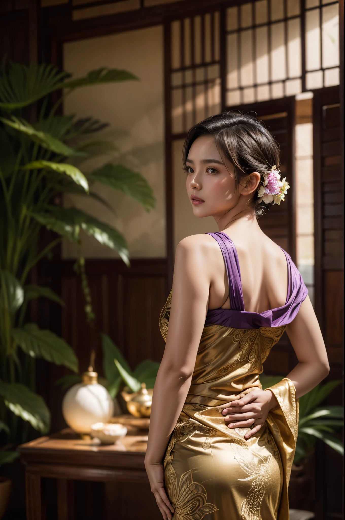 A cinematic silhouette of an Indonesian girl with short hair posing with her back turned and facing the camera wearing authentic, sexy Balinese traditional clothing, the top is slightly open and there is a brown and purple shawl, the place is in a living room and behind it there are aesthetic plants. the photo is very detailed