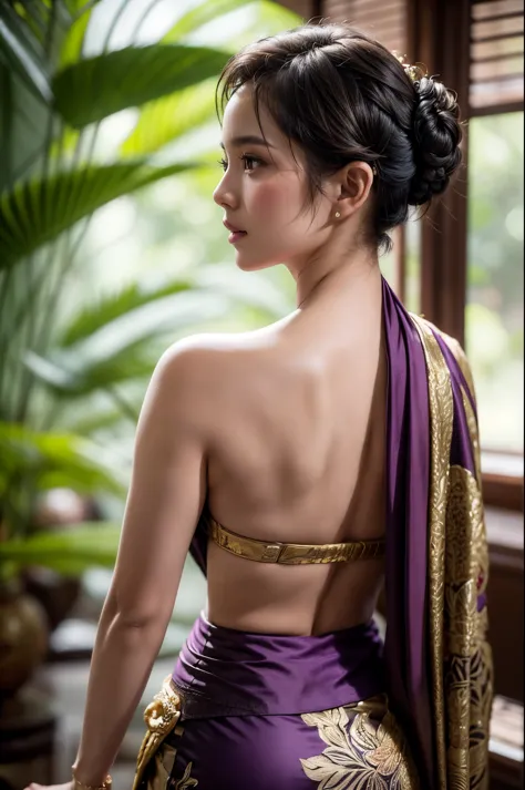 a cinematic silhouette of an indonesian girl with short hair posing with her back turned and facing the camera wearing authentic...