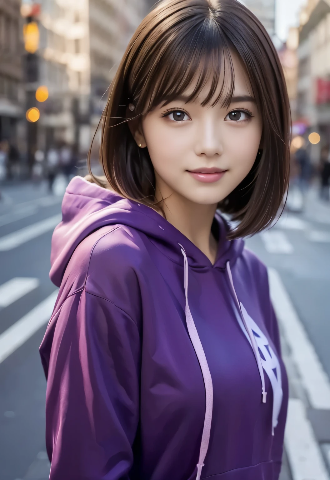 (masterpiece, highest quality:1.1), (8K, Raw photo, photo-realistic:1.2, F22), (shiny skin), fine skin, detailed face, fine eyes, medium bob, break, Real World, intricate details, smile, break, 1 girl, (purple hoodie), break, (city:1.4), break　naked
