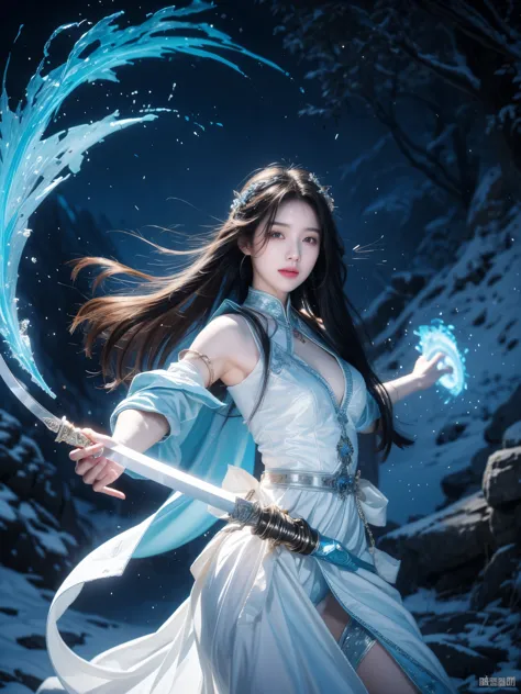 Snow mountain sword painting method, Ancient style woman&#39;s cold ice flame sword, Holding a sword burning with blue flames, D...