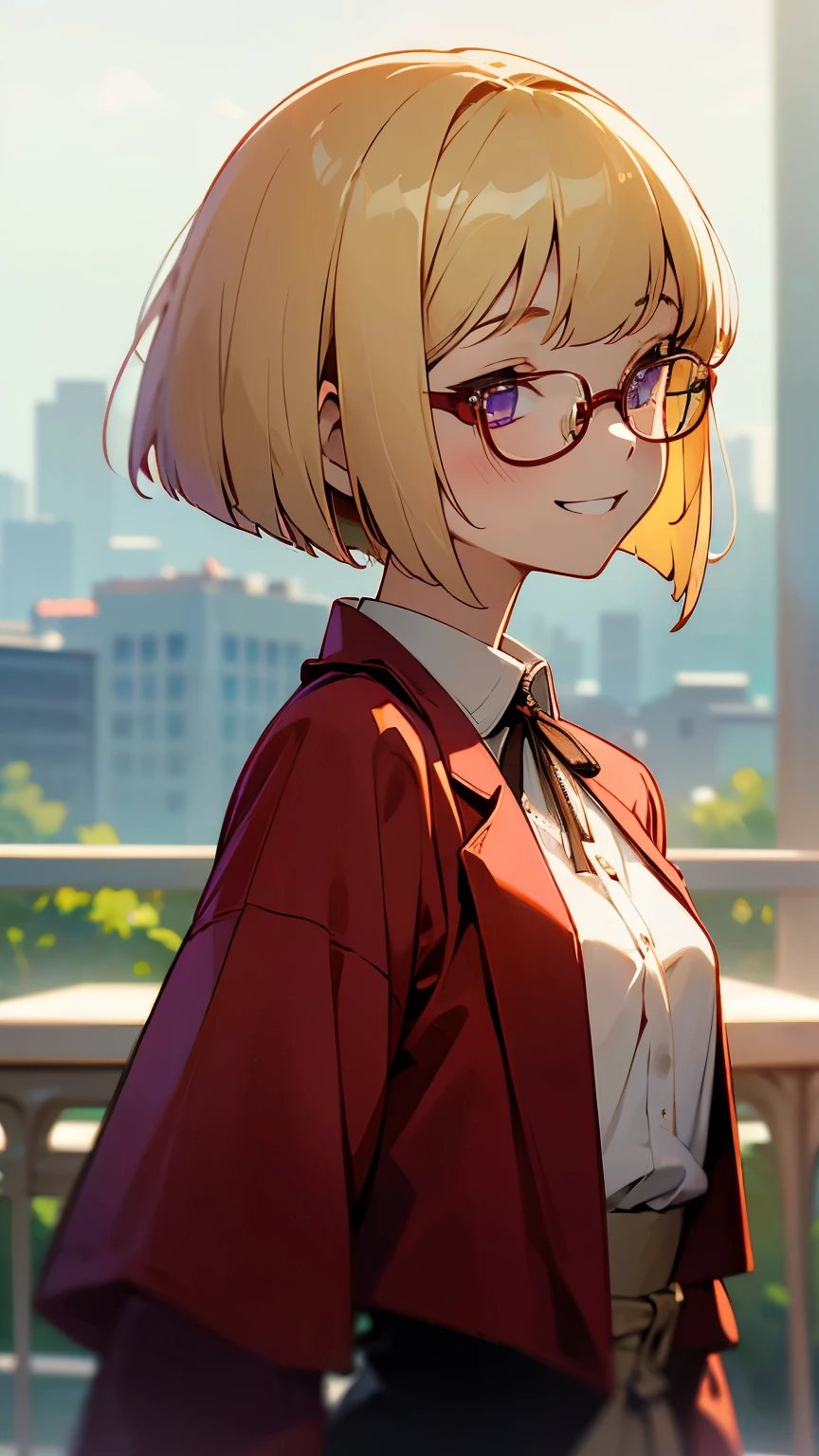 1 girl、anime painting、upper body close-up、From the side、Natural proportions、slender、small breasts、grin、white skin、(blonde)、bob cut、beautiful purple eyes、Glasses、red jacket、(long sleeve blouse)、ruffle blouse、Morning Cafe Terrace、background bokeh、written boundary depth