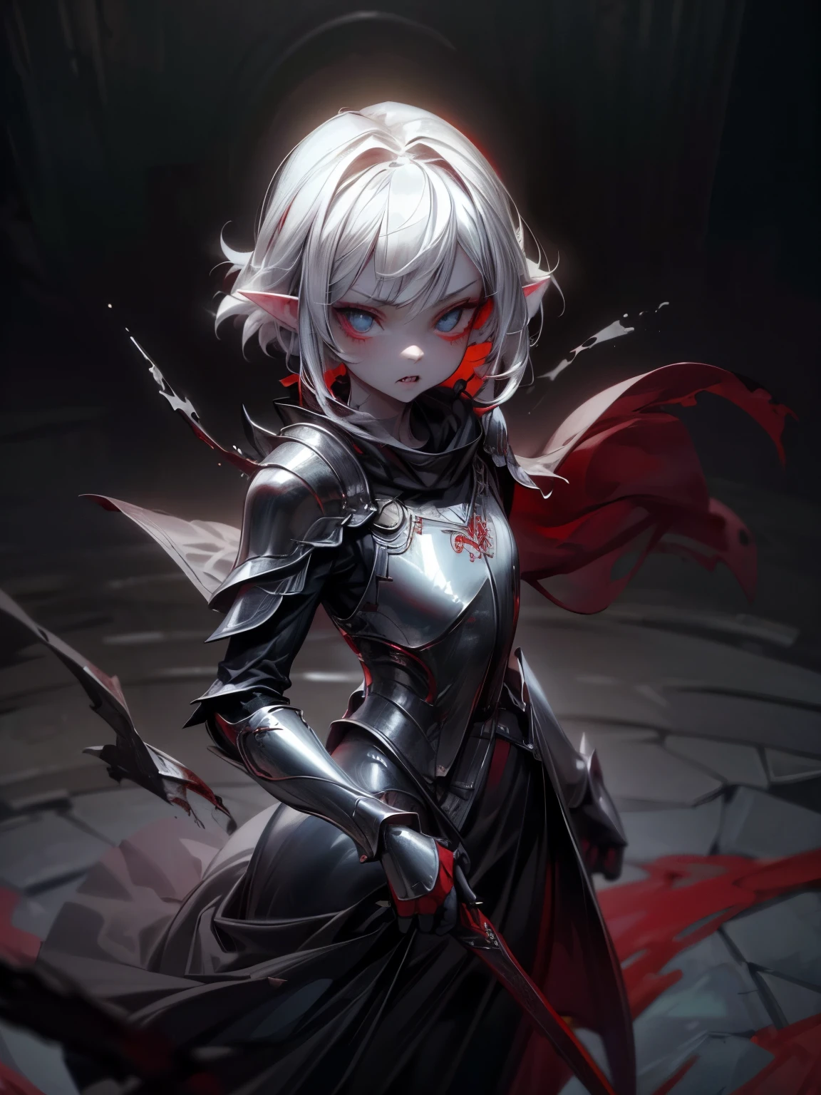 ((Best Quality, 8K, Masterpiece)), ((1woman, petite)), blood on face, bleeding, flat color, limited palette, Perfectly Cute Girl, Delicate and smooth skin, Realistic skin, Perfect Beautiful Face, Perfect and Cute Face, (POV POV, View from above), short messy white hair, elf ears, sharp fangs, rage, shouting, glowing eyes, assassin's metallic armor, cowl, black shawl, fully clothed, dark aura, dynamic pose, fighting stance, black and red, two tone, dark hue, red hue, high contrast, dark lighting