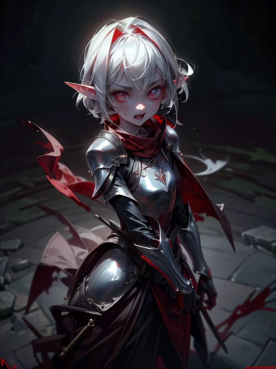 ((Best Quality, 8K, Masterpiece)), ((1woman, petite)), blood on face, bleeding, injured, flat color, limited palette, Perfectly Cute Girl, Delicate and smooth skin, Realistic skin, Perfect Beautiful Face, Perfect and Cute Face, (POV POV, View from above), short messy white hair, elf ears, sharp fangs, rage, shouting, glowing eyes, assassin's metallic armor, cowl, black shawl, fully clothed, dark aura, dynamic pose, fighting stance, black and red, two tone, dark hue, red hue, high contrast, dark lighting