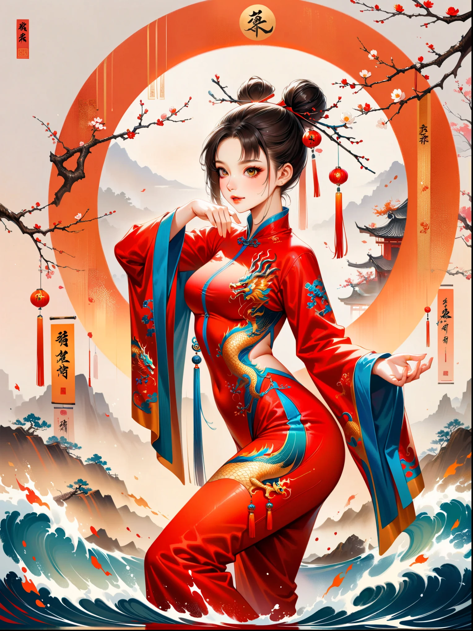 中国风大师工作，逼真，闪亮的，中国传统水墨画, 柳枝, Wu Changshuo, ((杰作)), 最好的质量, 插图, 一个中国女孩正在练习太极拳, 穿着以太极图为背景的训练服, 水, 火, 气, 和流畅的动作. 她的整个身体都呈现出中国风格, 细节丰富, 不朽的能量, 和Jojo的奇妙冒险风格, 在衣服上, 银发, 发髻, 发带, 空洞的眼神, 淡淡的微笑, 神光, 超高清, 杰作, 准确, 解剖学上正确, 纹理皮肤, 超级细节, 高细节, 最好的质量, 8千, 屡获殊荣，工作，耀眼的色彩，令人惊叹的视觉效果，超凡脱俗的外观，迷人的艺术