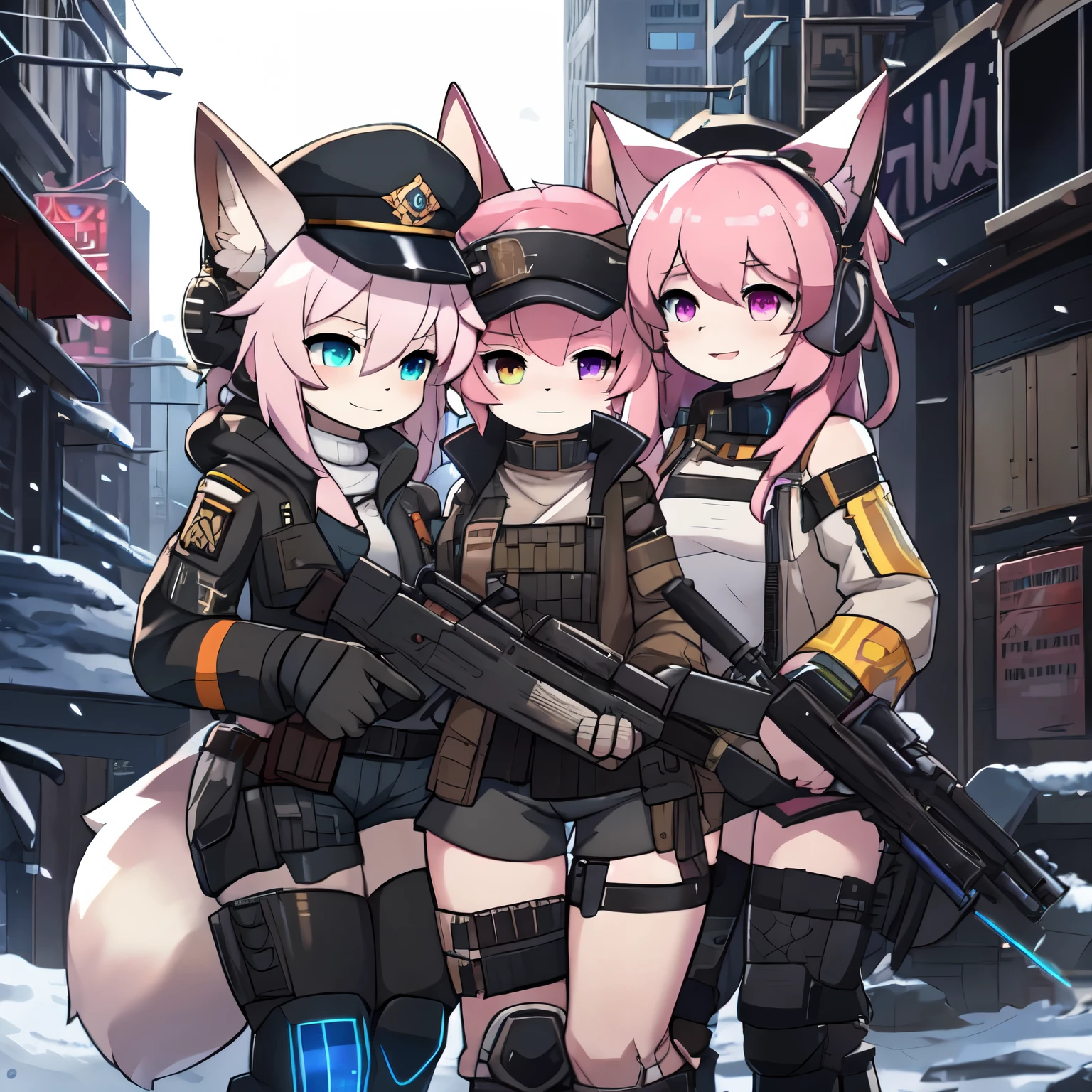 Kawaii, pink striped Fluffy Fox, flat chest, emaciated, Pink hair, left eye is red, right eye is blue, heterochromia, 3girls, on the night deserted and destoryed city with ruins and snowing follows Cold weather, synthetic tissue skin, cybernetic prosthetics, Mechanical prosthetic legs, digital headphone with HUD, cybernetical prosthetic arms, over-sized long blouse with ribbons, thigh-high-socks, shorts, Grey long-Sleeve loose off-the-shoulder Military hood jacket, tactical gun holsters in thigh, Mechanical boots, metallic knee pads, tactical belted loose Arm Sleeves, cybernetic Display gloves, chest rigs, tactical belts, Blue archive halo, Submachine Gun holded on left hand, bulletproof goggles Private military service hat, Arknights,