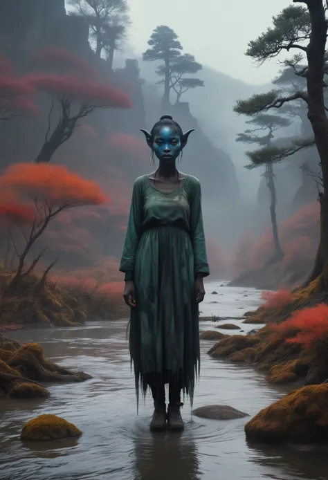 creates horrifying beings, of many colors and with bleeding pigmentation, which takes place in a river next to a forest with  dense bismuth fog, all in 16k definition,full body length,opal girl,ogre ,pretty face,eyebrow up,full body shot,ominous Cleavelandite landscape,niobium gray atmosphere,by art Simon Stalenhag,Nicola Samori,Wangechi Mutu,prime colors,urban,extremely detailed,masterpiece,intricate details,faded,eyes extremely detailed, high detailed eyes,4k resolution,RAW, Nikon Z9,scary village,hunter,goblin,Stone Forest in Yunnan Province of China,Zhangjiajie National Forest Park of China