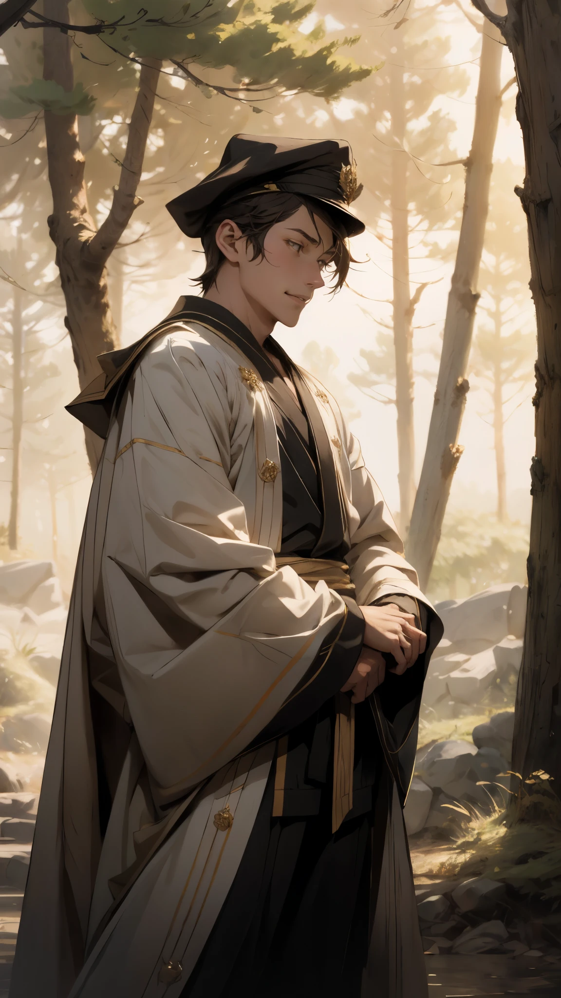 A young man wearing a scholar's square cap, clear and bright eyes, a dignified and refined face, a friendly smile, short hair is peeking out the cap, tall and slender figure, a fantasy-style scholar's long robe coat with a long hem, wide sleeves, loose trousers, bathed in sunlight amidst the gentle breeze of the woods, this character embodies a finely crafted fantasy martial arts-style scholar in anime style, exquisite and mature manga art style, high definition, best quality, highres, ultra-detailed, ultra-fine painting, extremely delicate, professional, perfect body proportions, golden ratio, anatomically correct, symmetrical face, extremely detailed eyes and face, high quality eyes, creativity, RAW photo, UHD, 32k, Natural light, cinematic lighting, masterpiece-anatomy-perfect, masterpiece:1.5