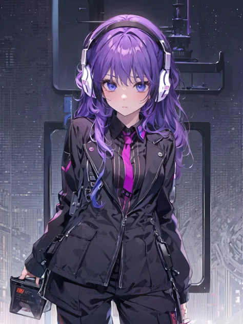 purple hair，profile，female person，headphoneike stand、purple suit set、black shirt、cutter shirt、blue pubic hair in the eye