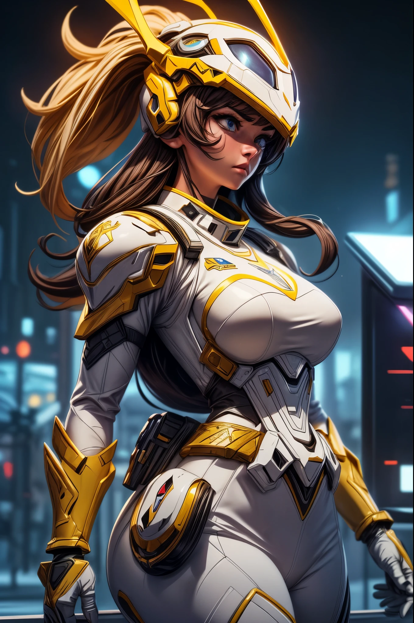 (Meilleure qualité,4k,8k,haute résolution,chef-d&#39;œuvre:1.2),ultra-détailed, un gros plan d&#39;une femme Sentai Ranger dans un costume blanc avec des gants dorés et des bottes dorées, détailed white armor, armure blanche complexe, blanc épuré, Casque en forme de tête de tyrannosaure. visage caché par la visière, entièrement recouvert d&#39;une armure et d&#39;un casque, armure asymétrique, symbole de griffe jaune sur le côté gauche du corps, Contexte de la ville, fighting dans une ville park. dans une ville, entouré de ville, HDR, 8k, absurdes, Cinéstill 800, netteté, ajouter_détail:3 (femme seule)
