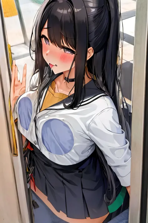 masterpiece、highest quality、female 1、Super detailed　black hair、straight hair　Japanese high school girl&#39;s cardigan　Ahegao、stick out tongue、Drool、salivate　small breasts、beautiful belly　SEX in、play sex、sex、intense sex、Fucked from behind　Automatic train do...