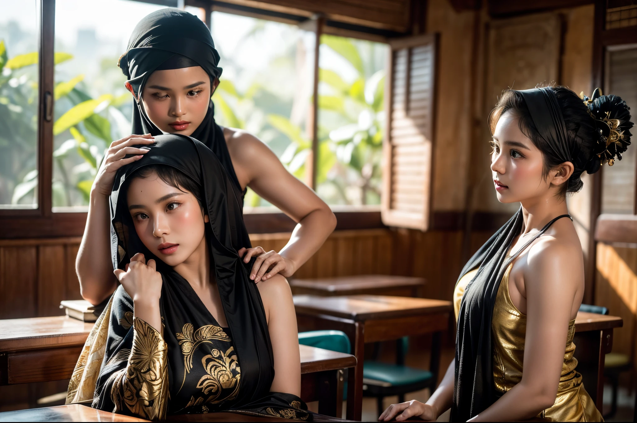 2 cinematic silhouettes of an Indonesian girl with short hair and a girl wearing a hijab who is sweating while posing facing the camera wearing authentic, sexy Balinese traditional clothing, the top is slightly open and there is a brown and black shawl and the other is colorful, the place is in the school classroom and there are many behind it students and aesthetic abtu stones. the photo is very detailed