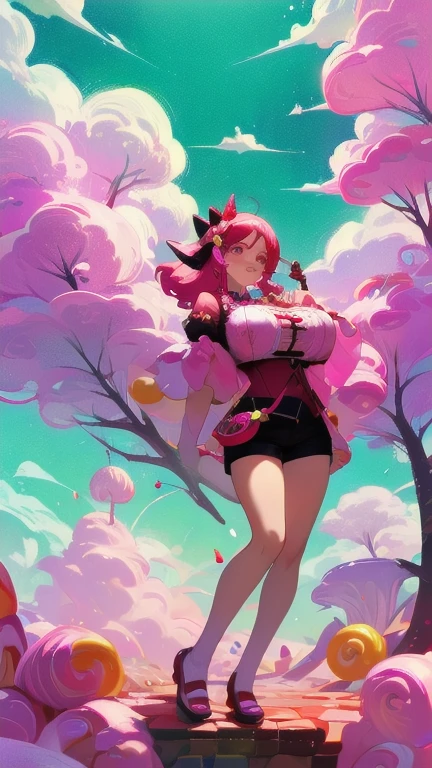 C4ndyl4ndAI, Candyland, candy trees, candy flowers, daylight, candy clouds, candy dogs, mature woman in candy micro shorts costumes, full body shot, shorts, gigantic breasts, giga_busty