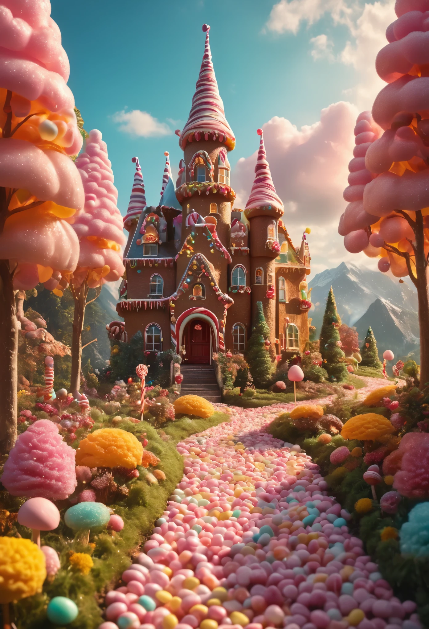 (best quality,4k,8k,highres,masterpiece:1.2),ultra-detailed,(realistic,photorealistic,photo-realistic:1.37),candyland,illustration,colorful,vibrant,whimsical,surreal,fantasy,delicious edibles,marshmallow trees,licorice pathway,gingerbread houses,glowing lollipops,cotton candy clouds,juicy gummy bears,sugar-coated mushrooms,sparkling chocolate river,caramel slides,candy cane flowers,enchanted castle made of candy,playful fairies,children laughing and playing,golden sunshine,soft pastel colors,magical atmosphere.