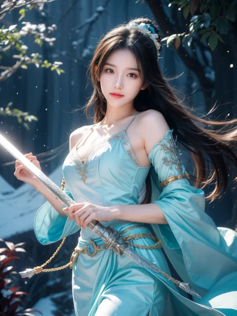 Snow mountain sword painting method, Ancient style woman&#39;s cold ice flame sword, Holding a sword burning with blue flames, D...