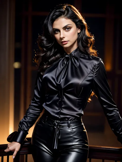 Morena Baccarin, long curly hair, gorgeous eyes, high arched eyebrows, seductive look, (bow blouse silk shirt:1.3), black leathe...