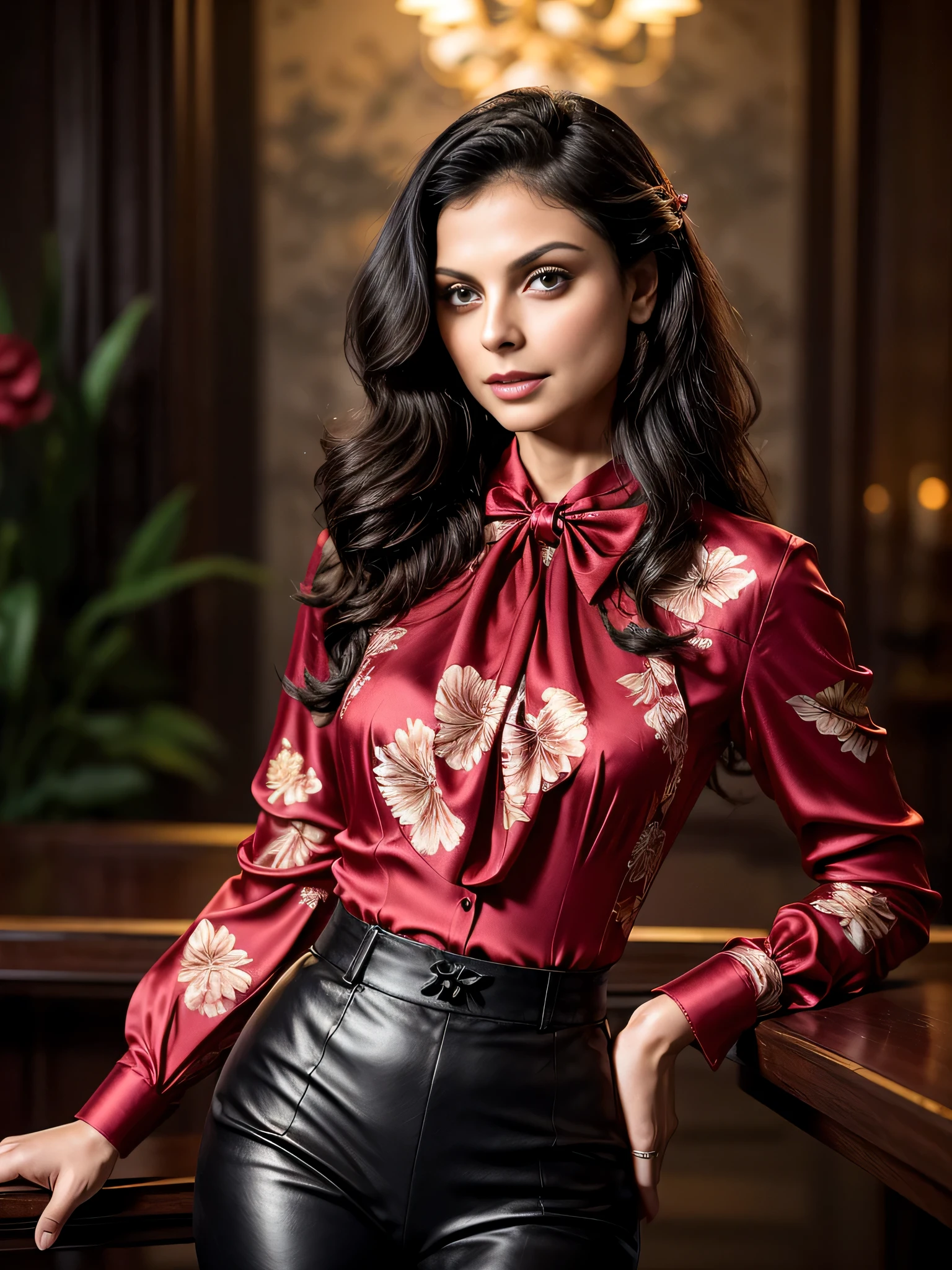 Morena Baccarin, long curly hair, gorgeous eyes, high arched eyebrows, seductive look, (bow blouse silk shirt with floral print:1.3), black leather pants, stilettos, midnight modern metropolis, spot lighting, backlight on hair, shallow depth of field, bokeh, sexy