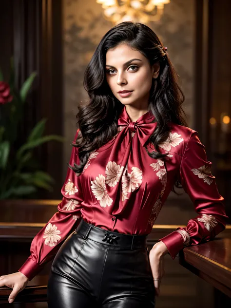 Morena Baccarin, long curly hair, gorgeous eyes, high arched eyebrows, seductive look, (bow blouse silk shirt with floral print:...
