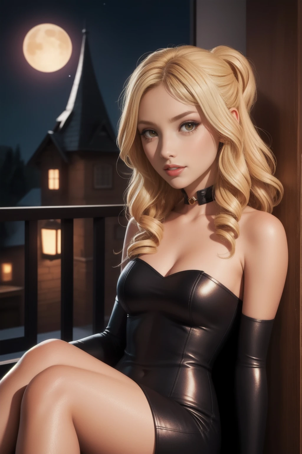 Cute girl,realistic, girl alone, blonde, Red eyes, sparkling eyes, parted lips, night, is sitting, sexual, sexual, a vampire, a vampire, off the shoulder