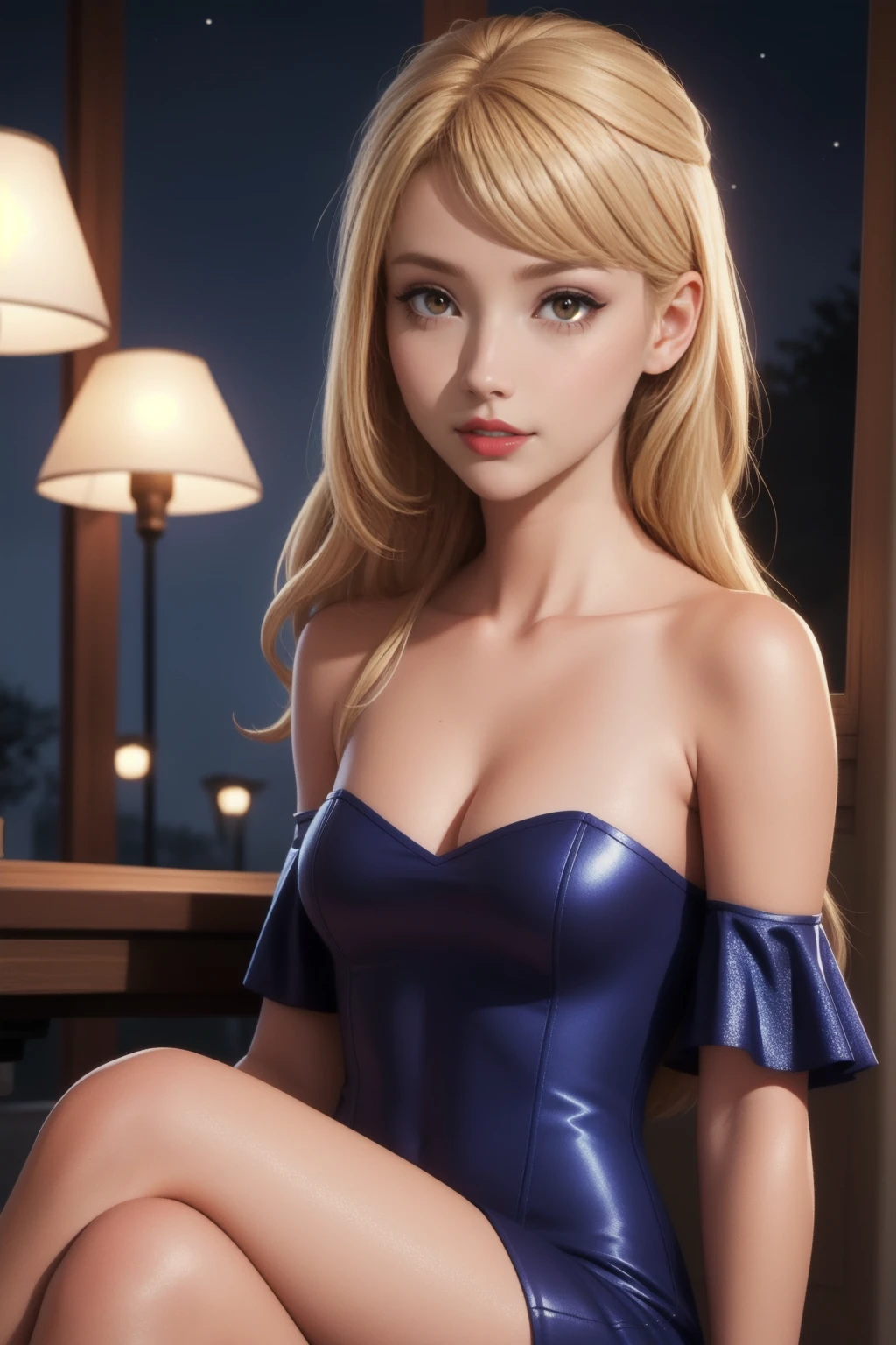 Cute girl,realistic, girl alone, blonde, Red eyes, sparkling eyes, parted lips, night, is sitting, sexual, sexual, a vampire, a vampire, off the shoulder