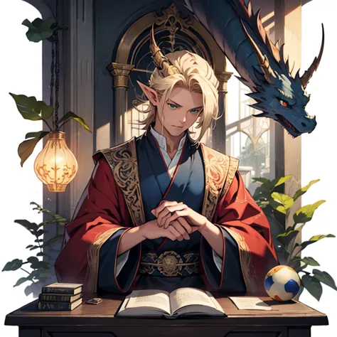 (((mature male))),((adult man)),(short pointed ears),blond hair,green eyes,(shoulder length hair),mage,fantasy setting,studies,s...