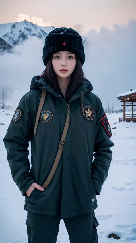 ((best quality)), ((masterpiece)), (detailed), perfect face, beautiful female, tall body, black hair, long hair, winter military...