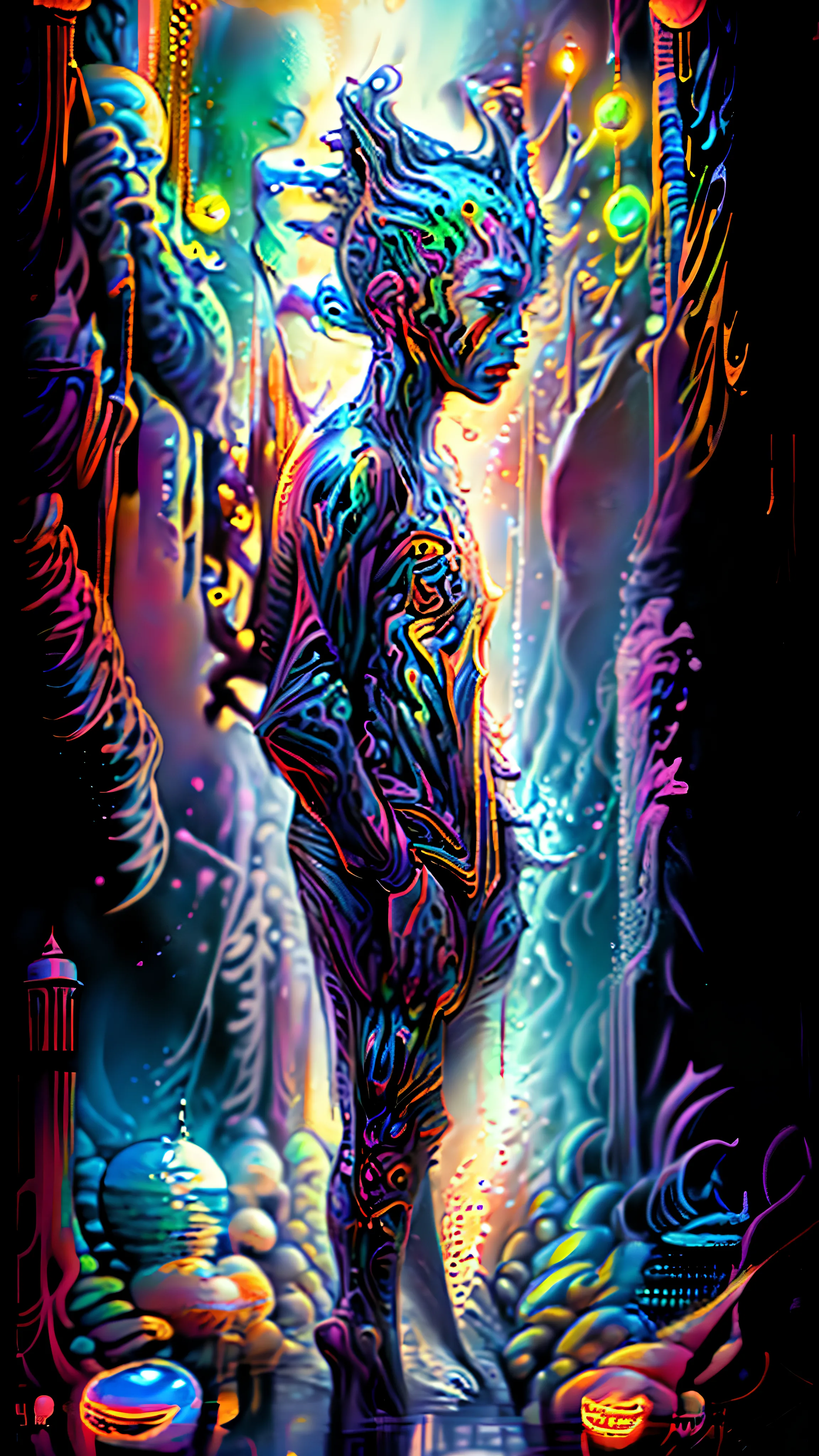 A thought-provoking optical illusion art piece created by Brandon Woelfel and Alex Grey (1.07), showcasing dreamlike elements, highly detailed and intricate, rendered in digital painting with a cinematic lighting setup. The image boasts intense, sharp focus and dramatic lighting, bringing out every minute detail in the best quality and hyper-detailed manner, resulting in an 8k resolution masterpiece that leaves one pondering the surreal beauty of the depicted scene.