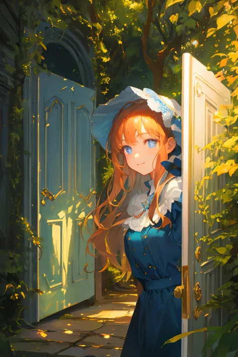 Create a high-quality illustration featuring a beautiful girl discovering a door in a nostalgic forest setting. The door should ...