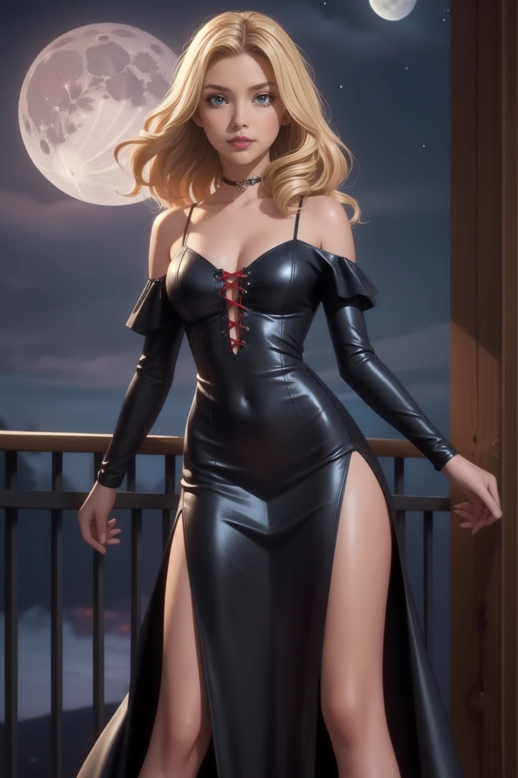 Cute girl in a leather dress,realistic, lonely girl, blonde, Red eyes, sparkling eyes, night, moon, sexual, sexual, a vampire, a vampire, off the shoulder, dress.