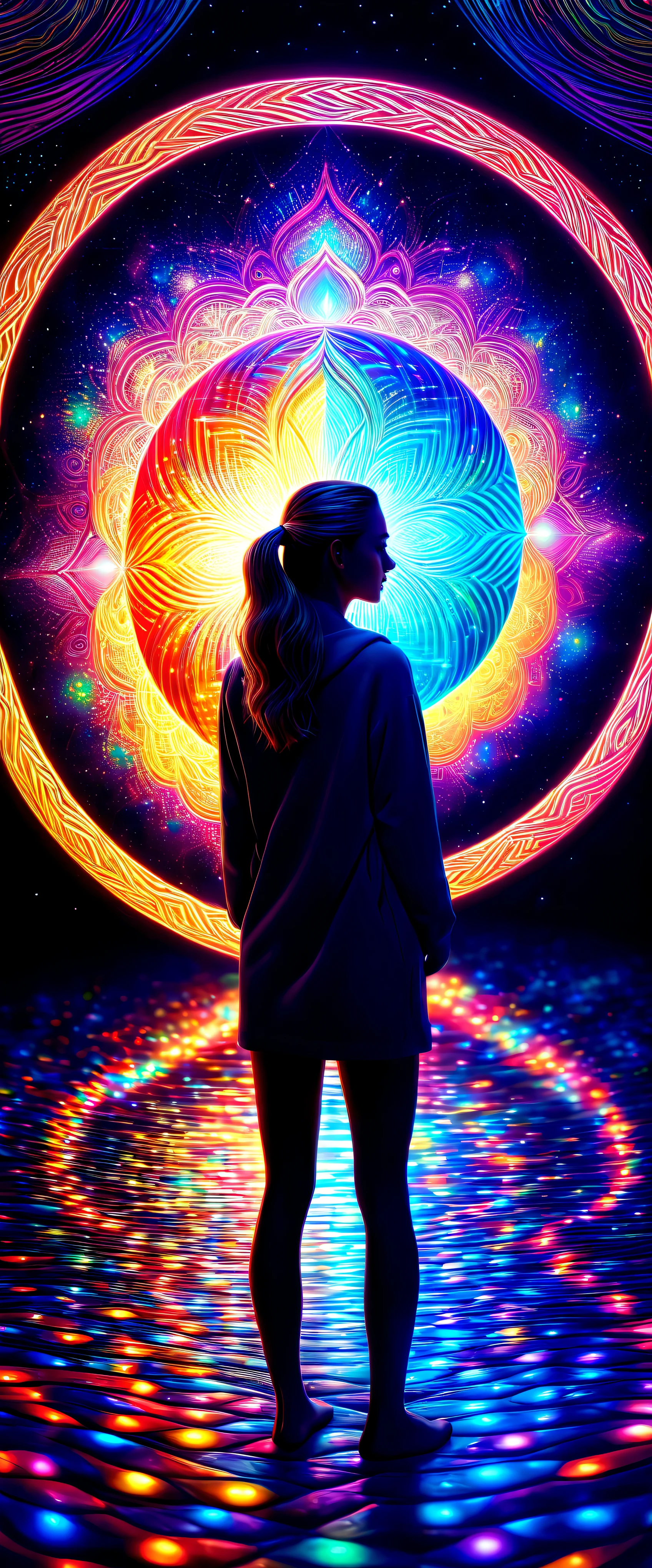 Brandon Woelfel と Alex Grey (1.07) A thought-provoking optical illusion art piece created by、Rendered in digital painting with cinematic lighting setup、It showcases highly detailed and intricate dream-like elements.。Boasting strong focus and dramatic lighting、Every detail is brought out in the best quality and ultra-fine way、The result is a masterpiece in 8K resolution that evokes the surreal beauty of the depicted scenes.。