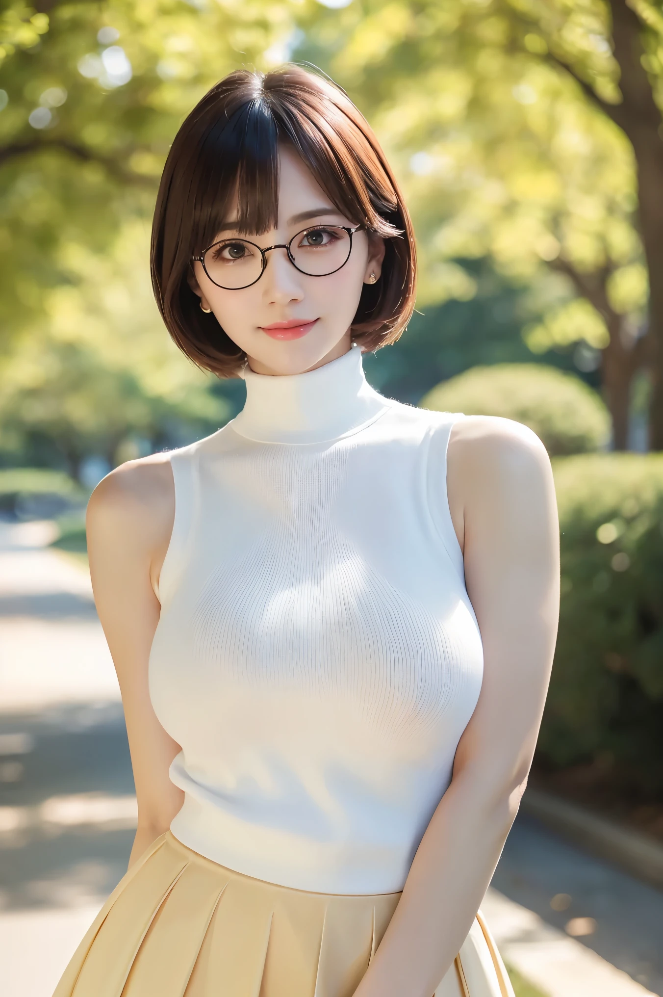 (highest quality、table top、8K、best image quality、Award-winning work)、one beautiful woman、25 years old、(alone:1.1)、perfect beautiful composition、(big and full breasts:1.1)、perfect fit、(emphasize body line:1.1)、( Berry short cut hair:1.1)、(Perfect white turtleneck sleeveless knit sweater:1.2)、(Classy and perfect round glasses:1.2)、(Elegant red melton skirt:1.2)、(full body photo:1.1)、look at me and smile、(Strongly blurred precise city park background:1.1)、glamorous body、big breasts、stand gracefully、droopy eyes、natural makeup、Ultra high definition beauty face、Ultra HD Hair、Ultra-high definition sparkling eyes、Super high resolution glossy lips、accurate anatomy、(very bright and vivid:1.3)