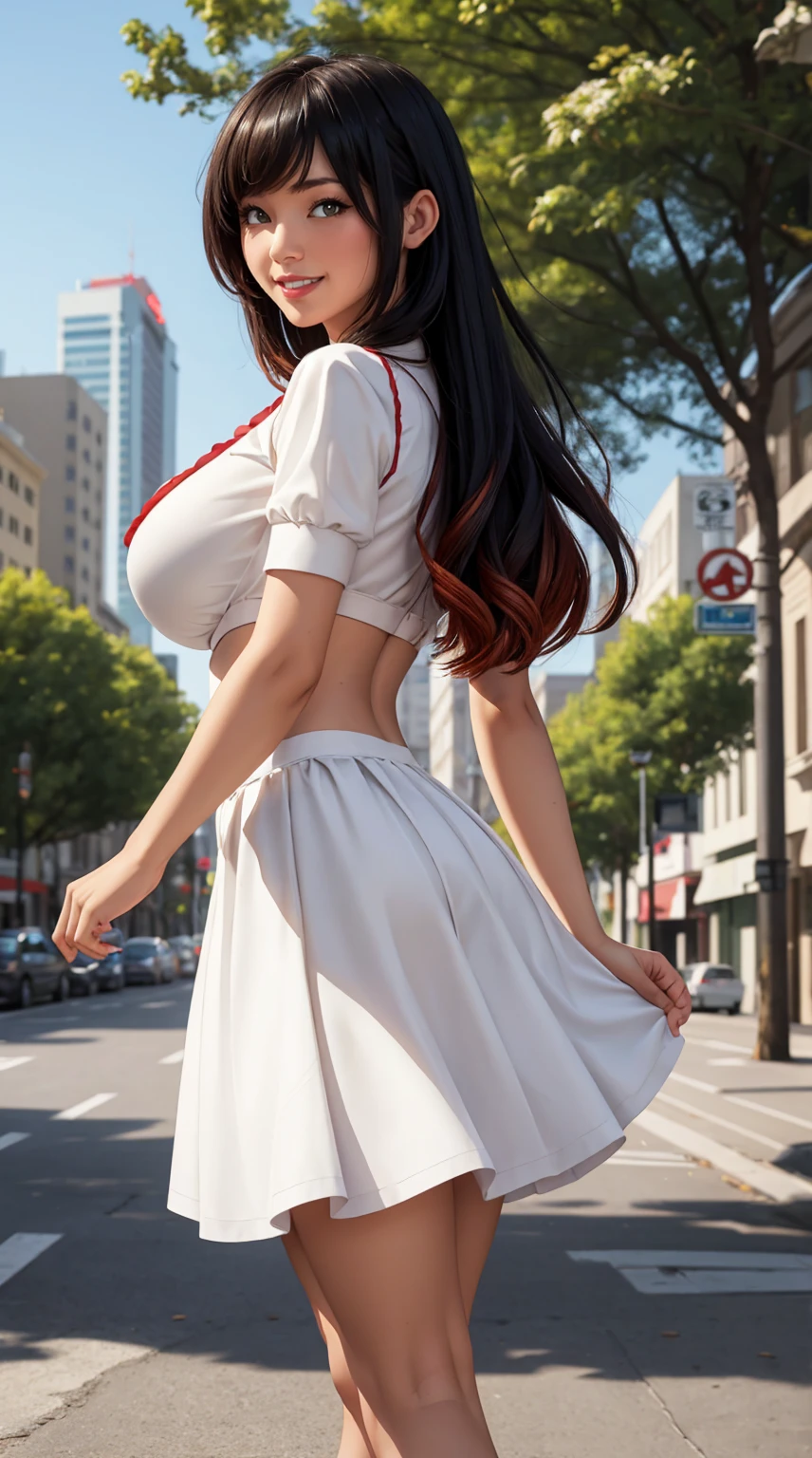 SFV, realistic, 1 girl, black hair with red highlights, Red eyes, shining eyes, smile, White shirt with ruffles, skirt, parted lips, blush, daylight, Sun Ray, white skirt, long skirt, medium length hair, realistic, warm color, split, white clothes, search angle, Vibrant cityscape, tree lined street, wears a bra,((thin waist)), young asian girl, ((Big breasts)),