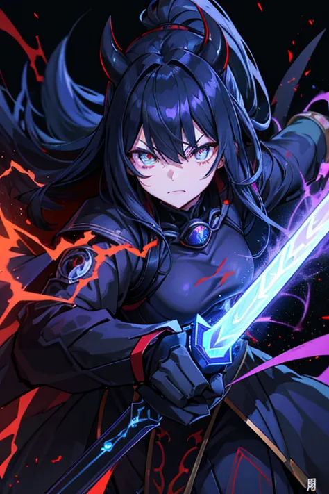 evil temperament, 18-year-old female shadow assassin, glowing black aura, blue hair, snak glowing eyes, eyes color red, devil wh...