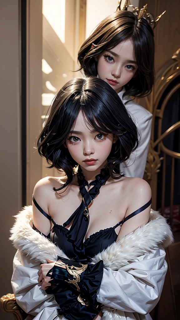 Goddess of Love, height: 165cm, weight: 40kg, length, Fluffy black hair and delicate features, Wearing flashy makeup. She is slender, . She has a beautiful figure. Her eyes are slightly narrowed, From front to toe. she is naked, Upper body、Do not wear any lower body clothing or underwear。, like a devil, wearing thigh-high boots. dark. artistic and high resolution. ,