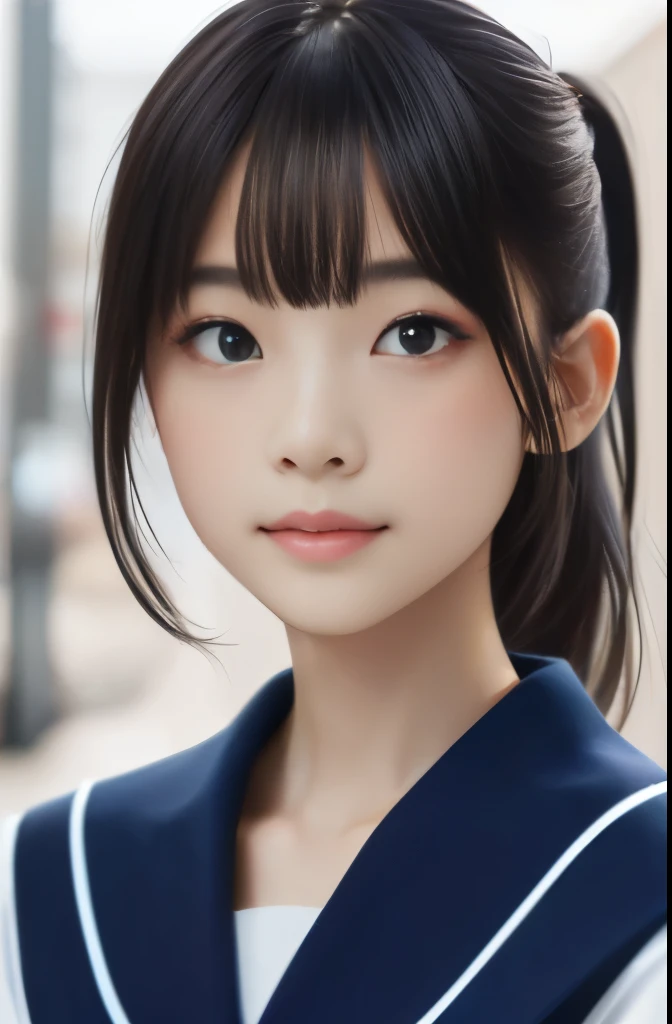 highest quality,photo quality,ultra high resolution,professional lighting,,beautiful actress,thin face,healthy complexion,Japanese,black hair,（short bangs),long hair,ponytail（navy blue sailor suit:1.1),mini skirt,natural makeup