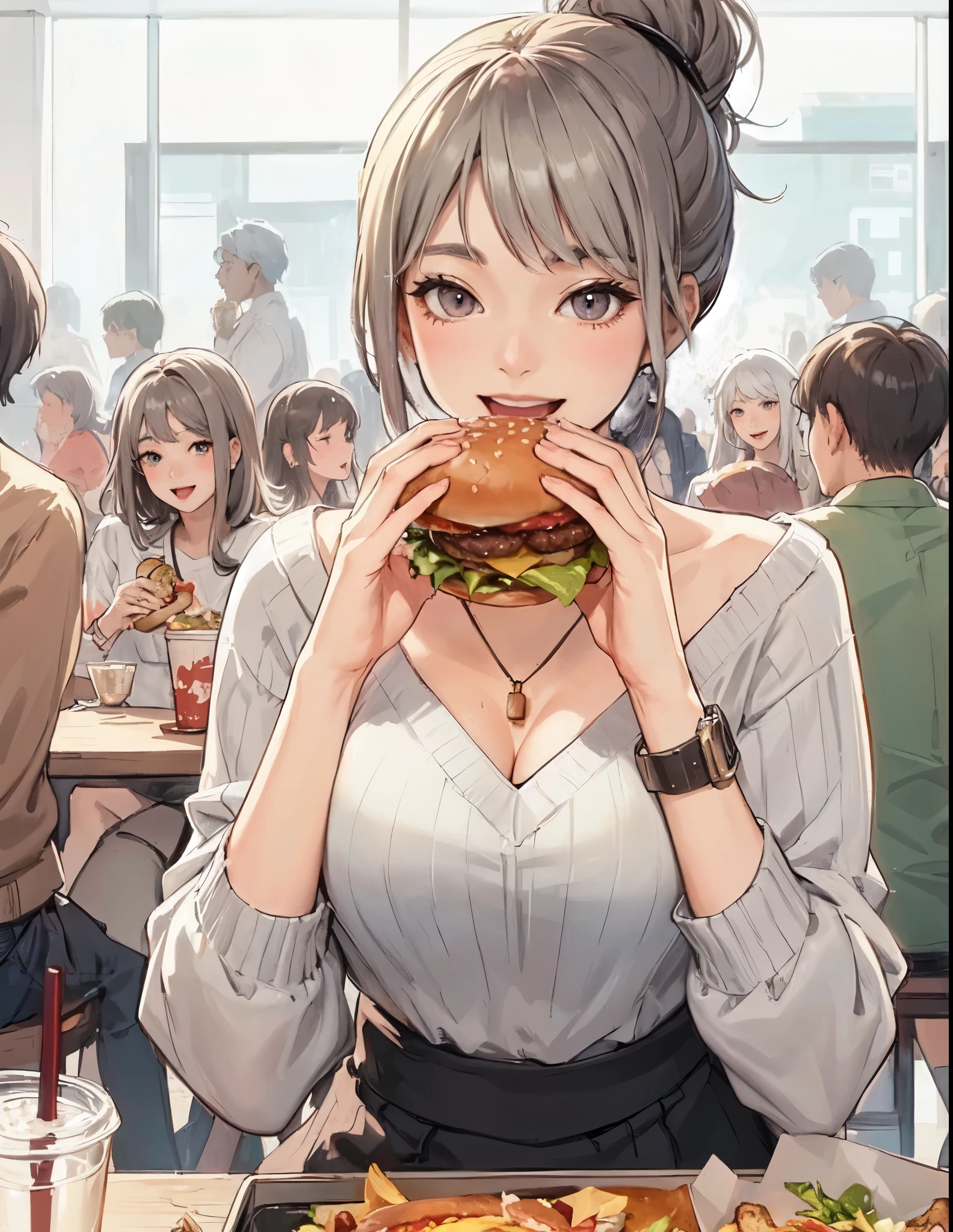 1lady solo, sitting at table, (holding hamburger) in both hands, taking a big bite, stylish outfit, mature female, /(gray silver hair/) bangs, happy smile, (open mouth) big, (teeth:0.8), (masterpiece best quality:1.2) delicate illustration ultra-detailed, large breasts BREAK (big hamburger) BREAK (casual restaurant) indoors, fast food, crowded, detailed background
