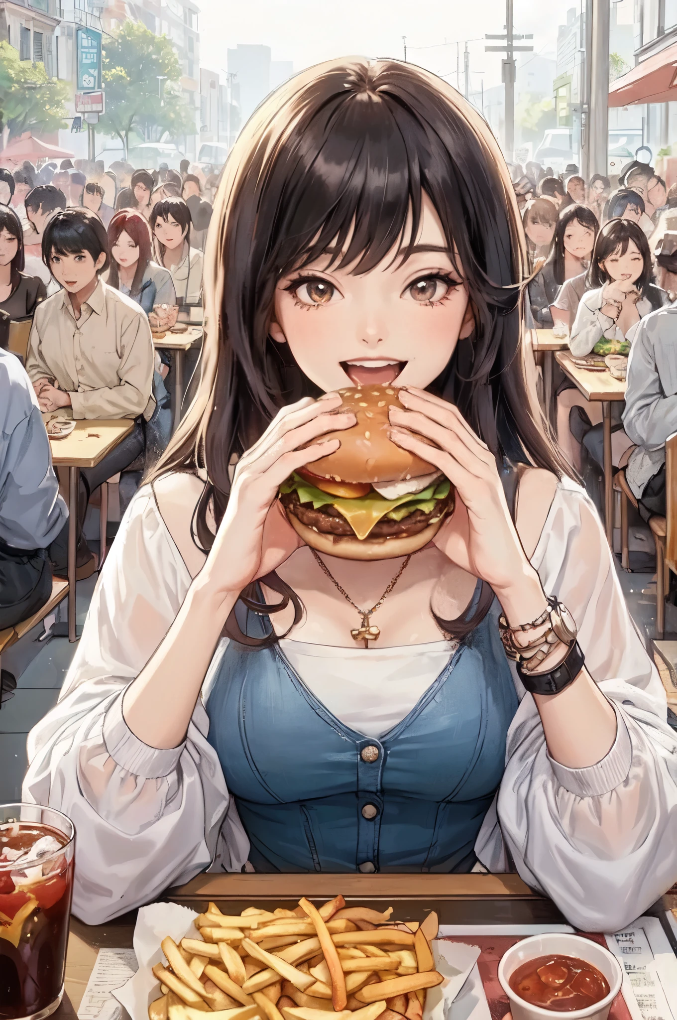 1lady solo, sitting at table, (holding hamburger) in both hands, taking a big bite, stylish outfit, mature female, /(black hair/) bangs, happy smile, (open mouth) big, (teeth:0.8), (masterpiece best quality:1.2) delicate illustration ultra-detailed, large breasts BREAK (big hamburger) BREAK (casual restaurant) indoors, fast food, crowded, detailed background