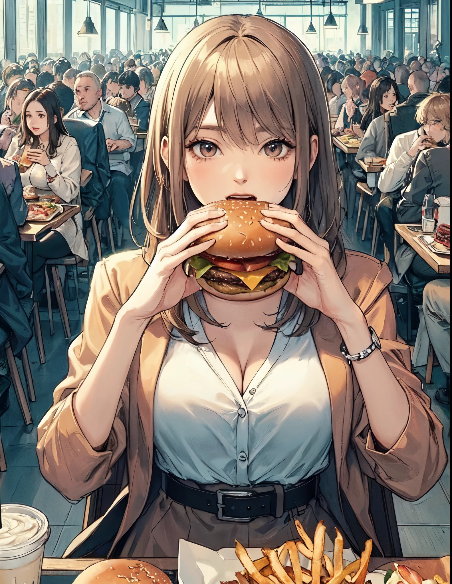 仅限 1 名女士, 坐在桌旁, (拿着汉堡包) 双手, taking a 大的 bite, 时尚装扮, 成熟雌性, /(米色头发/) 刘海, (张开嘴) 大的, (牙齿:0.8), (杰作最佳品质:1.2) 精致插画 细节丰富, large breasts 休息 (大的 hamburger) 休息 (休闲餐厅) 在室内, 快餐, 挤, 详细背景