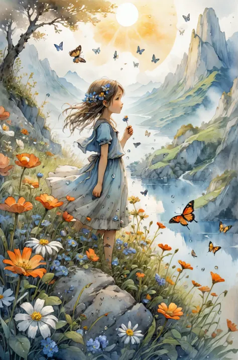 ultra hd detailed painting of flowers, butterflies and water droplets reflecting sunlight、girl and butterfly、pearly sunlight、on ...