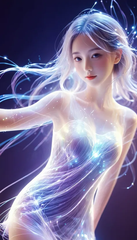 bailing_particles,bailing_lines,Lines of light,Particles of Light,A girl made of particles,The density of lines at the finger part is high,(white hair:0.3),