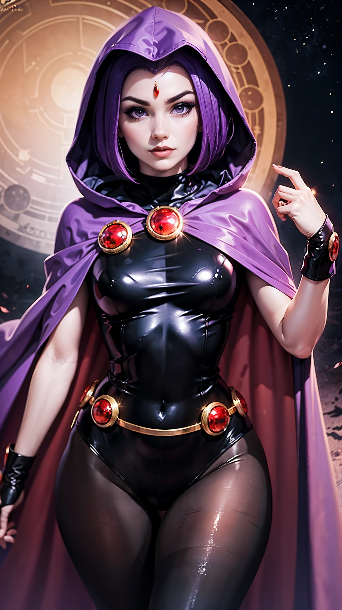 illustration of Raven from DC Comics, 1 girl, Raven, turtleneck, Black leotard, Black cape, hood, purple hair, forehead jeEmel, purple eyes, short hair, Belt, tight skin, standing, cleavage, toned, pose, night , moonlight, ((posing)), movement lines, torso, upper body, portrait, B&Em. contour, in anime tarot card art style, elegant, glamorous, reflection, shine, shading, pantyhose 40 dinier, small