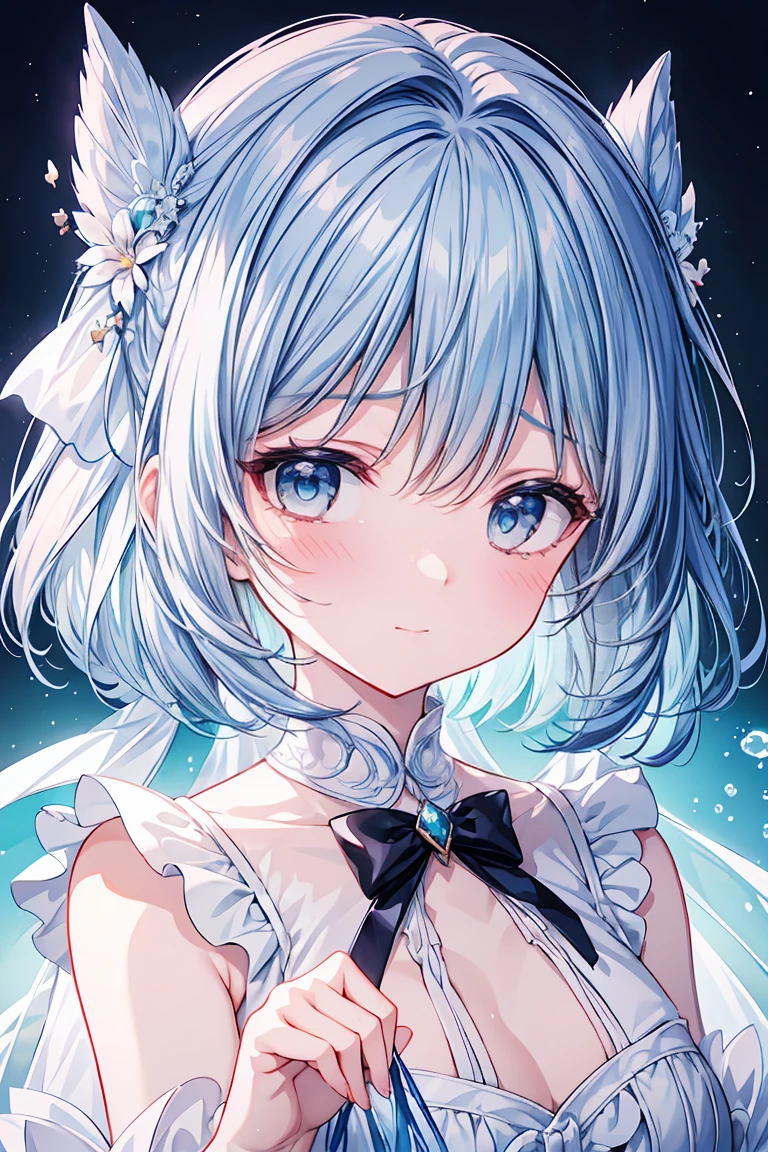 Masterpiece, best quality, extremely detailed, (illustration, official art: 1.1), 1 girl, ((light blue hair))), light blue hair, ,  ((blush)), cute face, big eyes, masterpiece, best quality, ((a very delicate and beautiful girl)))), amazing, beautiful detailed eyes, blunt bangs (((little delicate girl)))), tareme (true beautiful: 1.2), sense of depth, dynamic angle,anime style girl,beautiful face::1.1,mournful,crying,tearful,(blouse),transparent,transparent,transparent,transparent,transparent,transparent,hyper detailed,8K,silver and light pink, high quality, high definition,Glow-effect–v4,clear shadows,,,,Masterpiece,Best quality,Extremely detailed,(Anatomically correct),(parfect face), bob cut, smile,