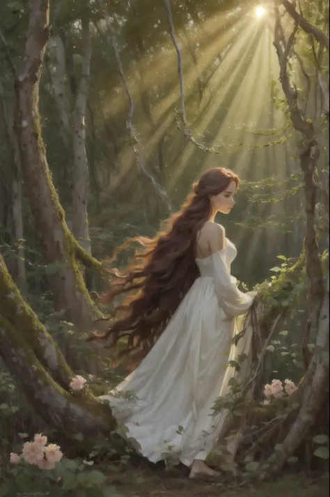 oil,impressionism,medium size full view, in the ancient forest, the image captures the ethereal beauty of a young dryad. her lon...