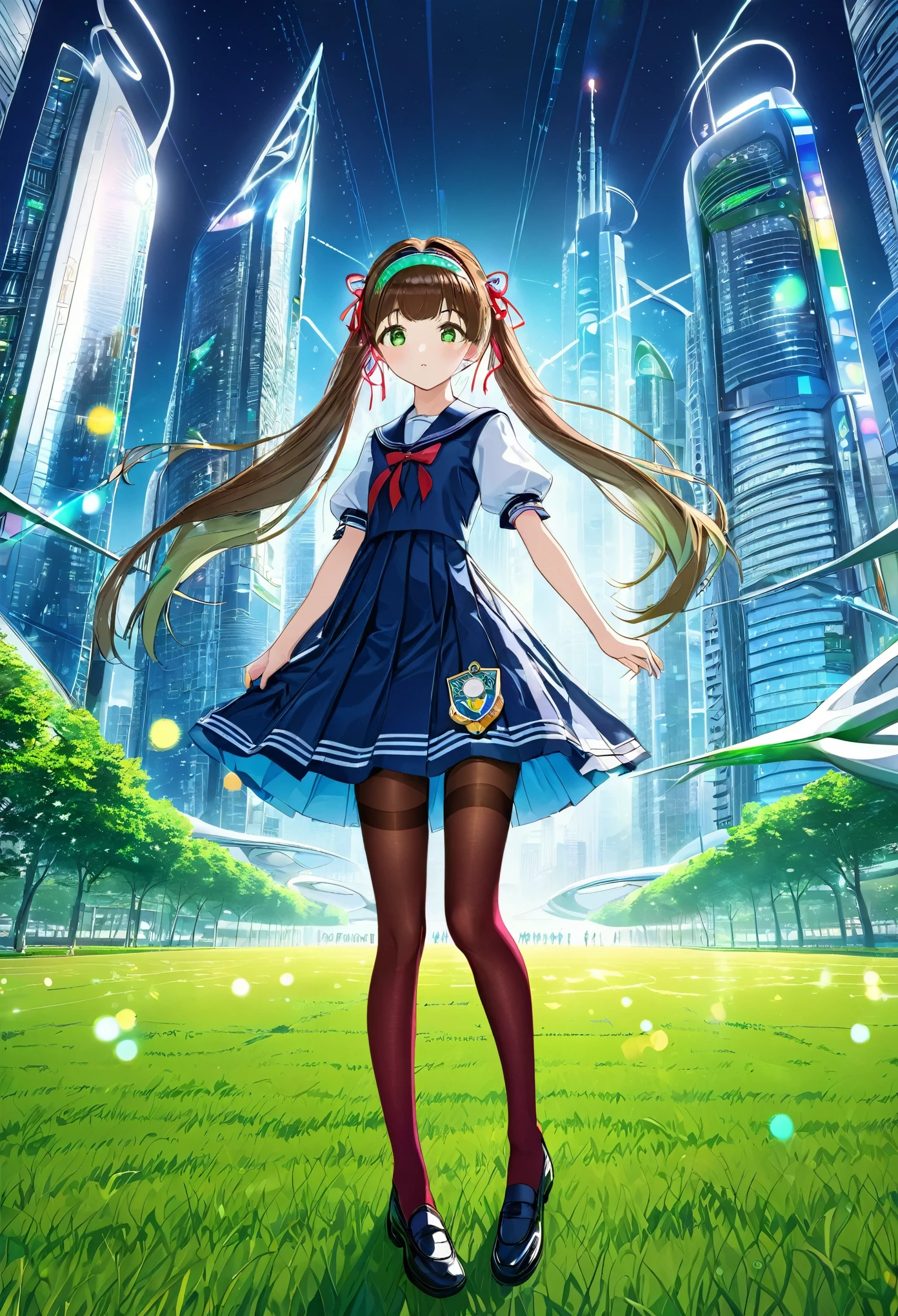 (best quality,4k,highres),ultra-detailed,realistic,portraits, Japaneese school girl, green eyes, long brown hair,anime style,futuristic, Frutiger Aero aesthetic, eco- modernism, bokeh, ribbon headband,small breast,futuristic sailor lolita dress,puffy sleeves,white and blue,colorful lighting, red ribbon, navy blue pantyhose, school shoes, school bag, school crest, standing in a green field with futuristic skyscrapers in the background, tertiary colors, highly detailed, 4K.