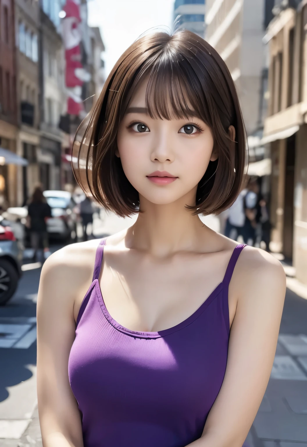 (masterpiece, best quality:1.1), (8k, raw photo, photo realistic:1.2, f22), (shiny skin), detailed skin, detailed face, detailed eyes, medium bob, BREAK, real world, intricate details, smil, BREAK, 1girl, (Purple tank top), BREAK, (city:1.4), BREAK