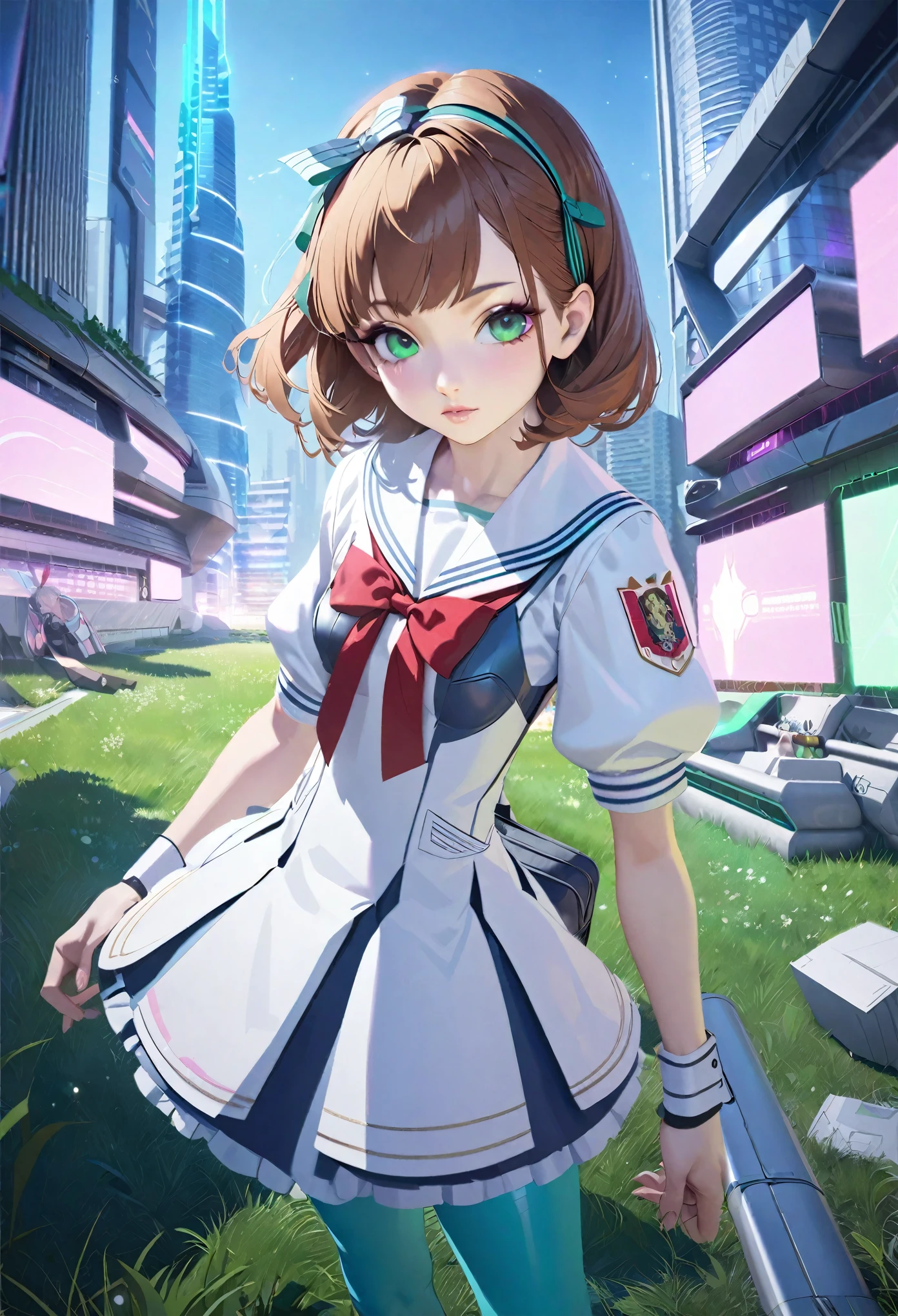 (best quality,4k,highres),ultra-detailed,realistic,portraits, Japaneese school girl, green eyes, long brown hair,anime style,futuristic, Frutiger Aero aesthetic, eco- modernism, bokeh, ribbon headband,small breast,futuristic sailor lolita dress,puffy sleeves,white and blue,colorful lighting, red ribbon, navy blue pantyhose, school shoes, school bag, school crest, standing in a green field with futuristic skyscrapers in the background, tertiary colors, highly detailed, 4K.